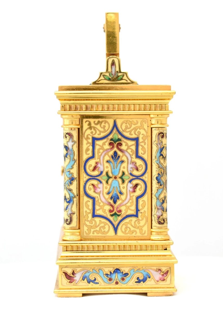 Rare Antique French Miniature Gilt Brass Champlevé Enamel Carriage Clock C1840-photo-2