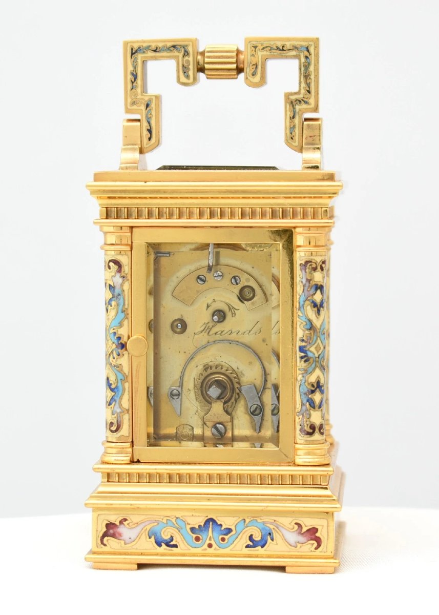 Rare Antique French Miniature Gilt Brass Champlevé Enamel Carriage Clock C1840-photo-3