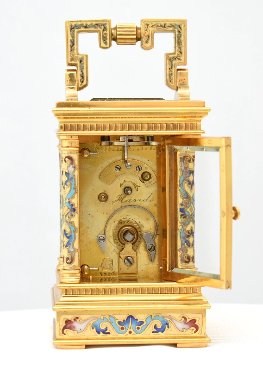 Rare Antique French Miniature Gilt Brass Champlevé Enamel Carriage Clock C1840-photo-4