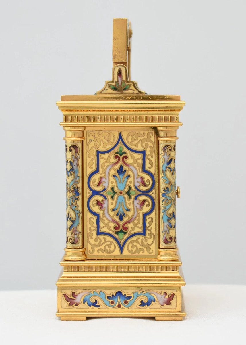 Rare Antique French Miniature Gilt Brass Champlevé Enamel Carriage Clock C1840-photo-1