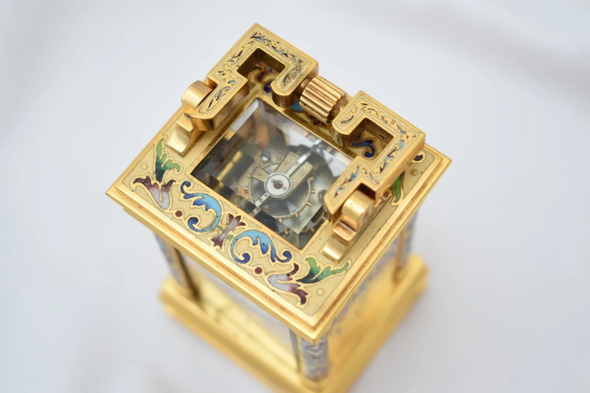 Rare Antique French Miniature Gilt Brass Champlevé Enamel Carriage Clock C1840-photo-2