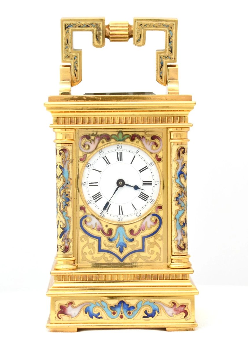 Rare Antique French Miniature Gilt Brass Champlevé Enamel Carriage Clock C1840
