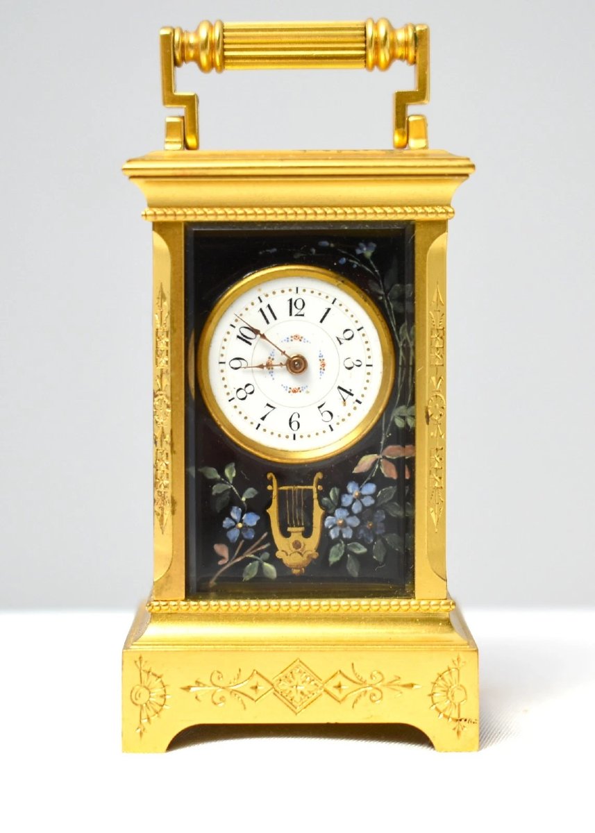 Antique French Sub Miniature Gilt Brass Limoges Enamel Carriage Clock 1890 Cased-photo-2