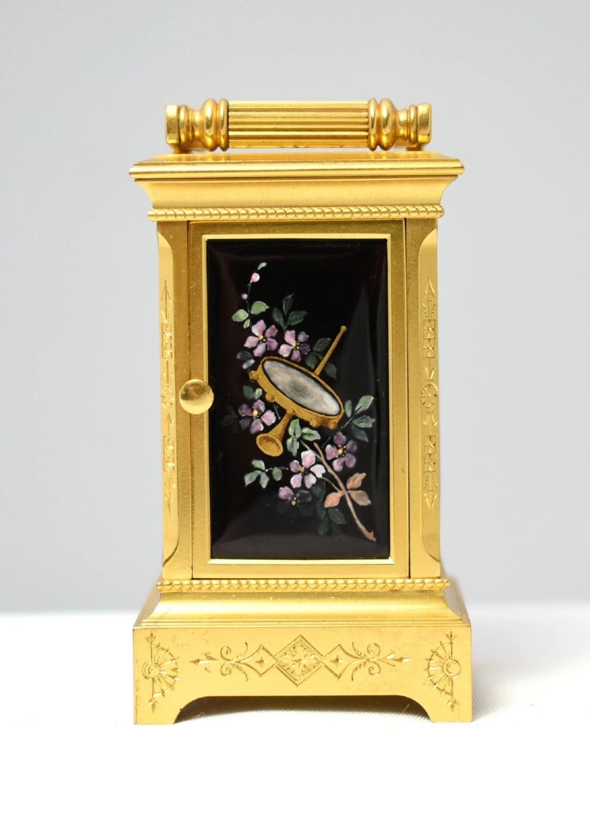 Antique French Sub Miniature Gilt Brass Limoges Enamel Carriage Clock 1890 Cased-photo-4