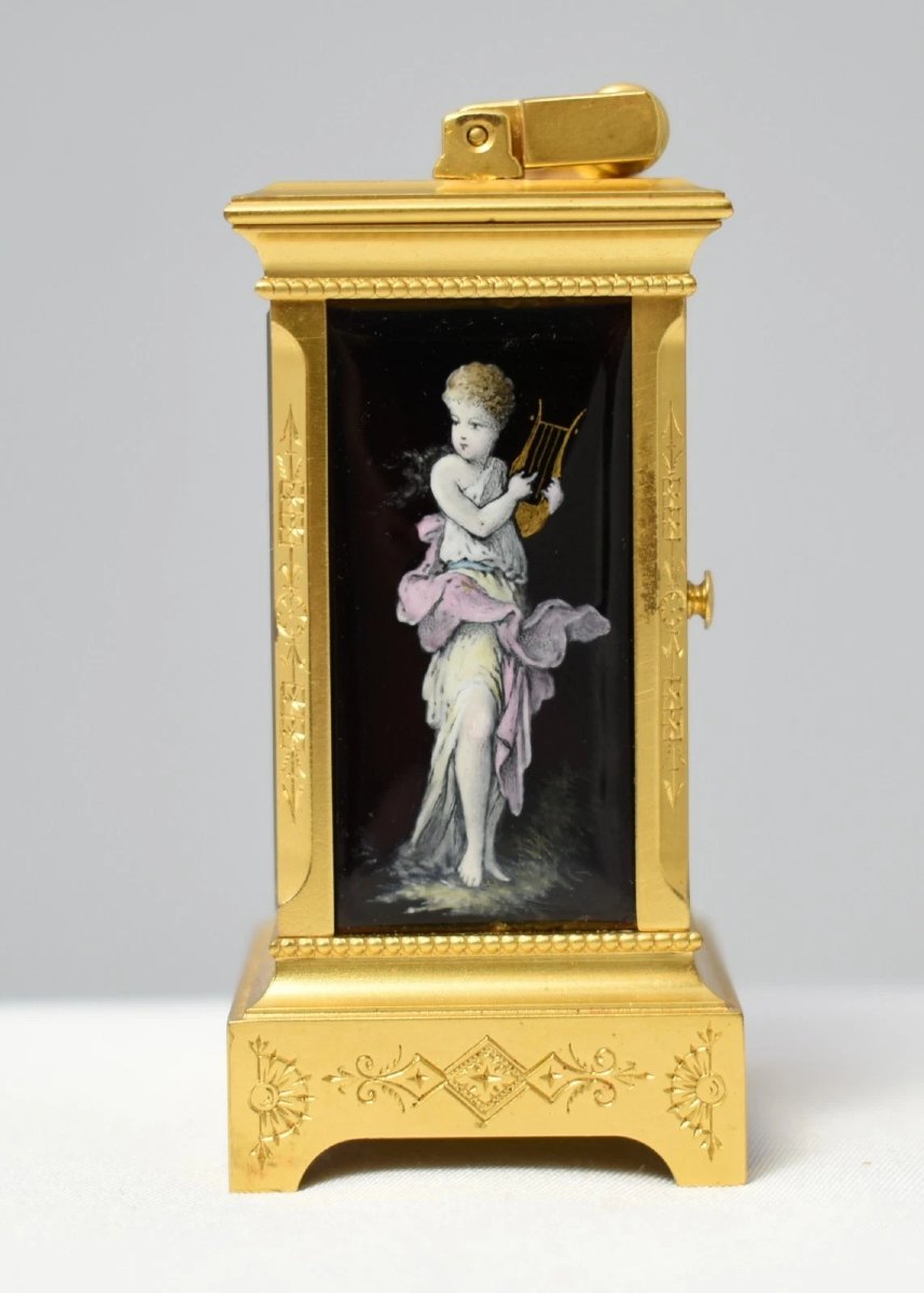 Antique French Sub Miniature Gilt Brass Limoges Enamel Carriage Clock 1890 Cased-photo-1