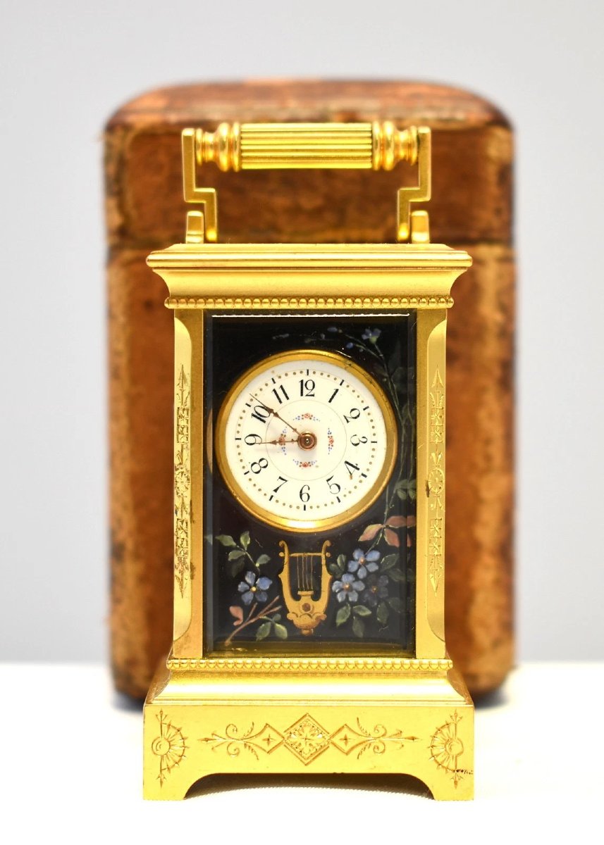 Antique French Sub Miniature Gilt Brass Limoges Enamel Carriage Clock 1890 Cased