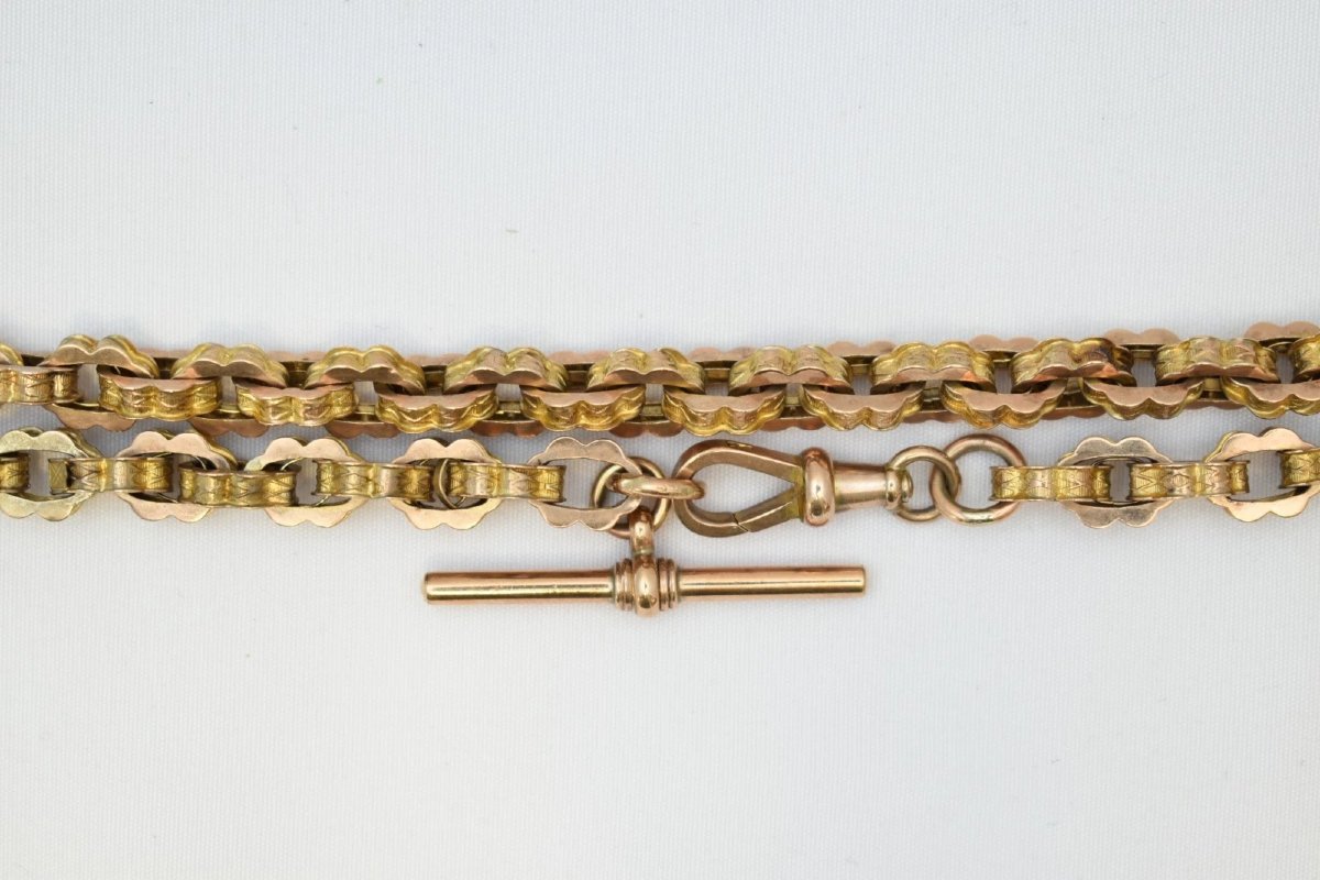 Antique Victorian 9ct Rose Yellow Gold Fancy Clover Link Albert Fob Chain 20g-photo-3