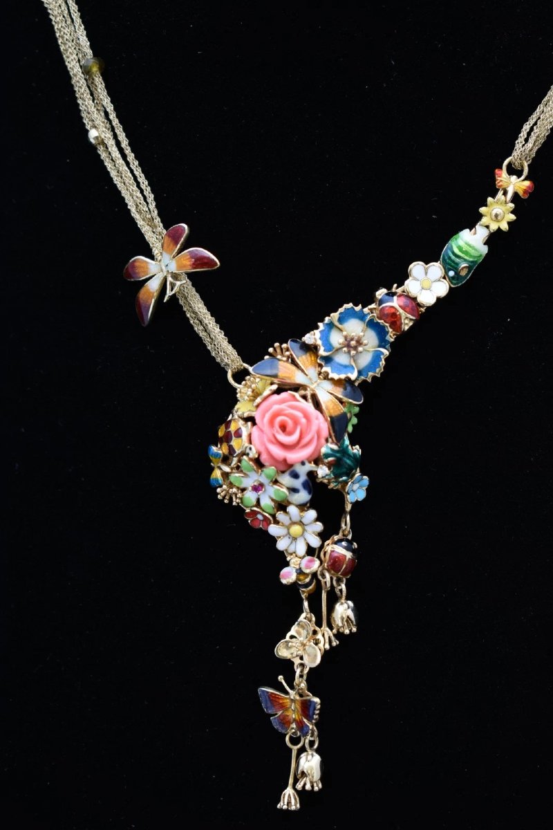 Roberto Bravo 14k Gold Multi Strand Enamel Butterfly Flower Rose Necklace 29.4g-photo-2