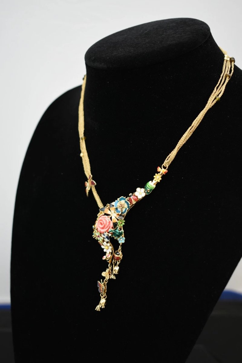 Roberto Bravo 14k Gold Multi Strand Enamel Butterfly Flower Rose Necklace 29.4g-photo-2