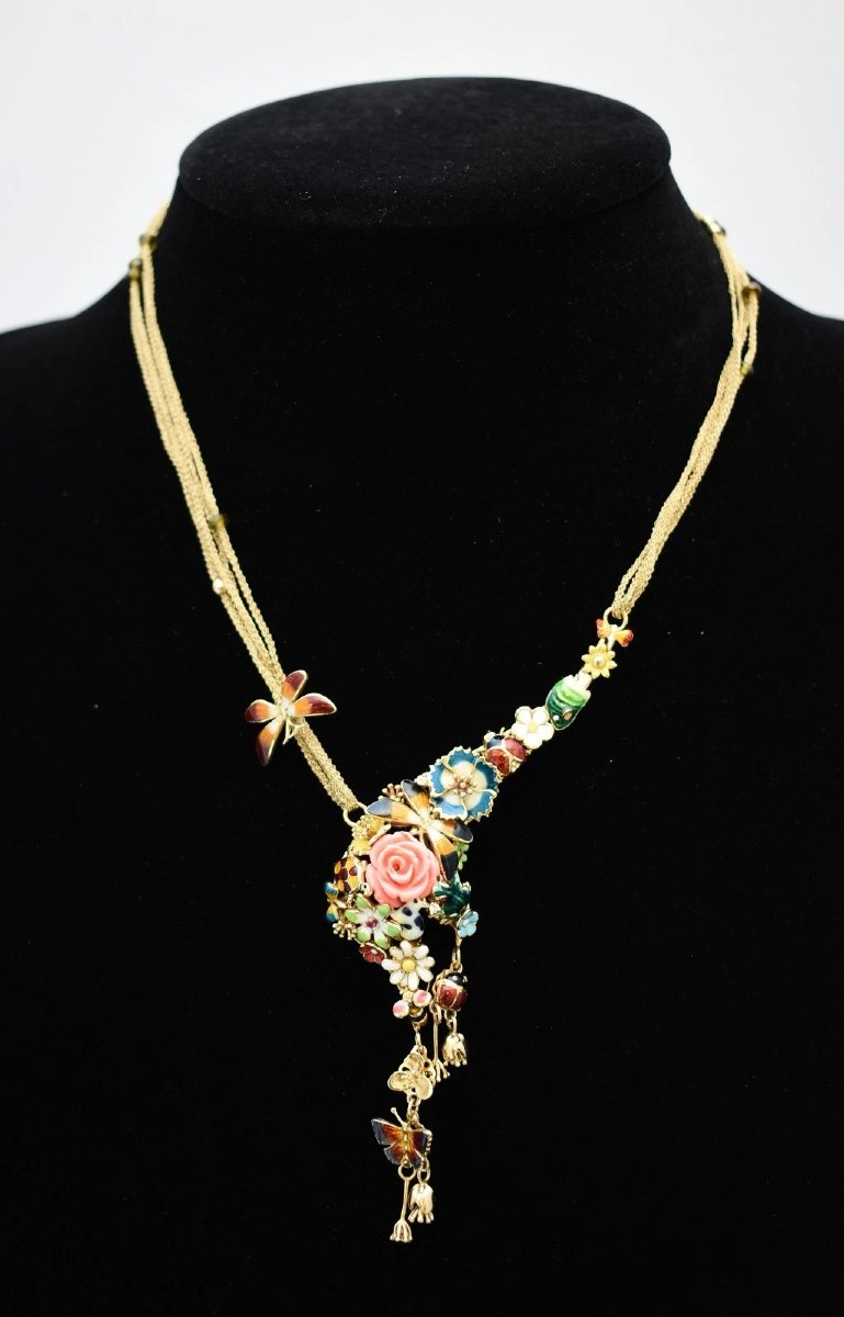 Roberto Bravo 14k Gold Multi Strand Enamel Butterfly Flower Rose Necklace 29.4g