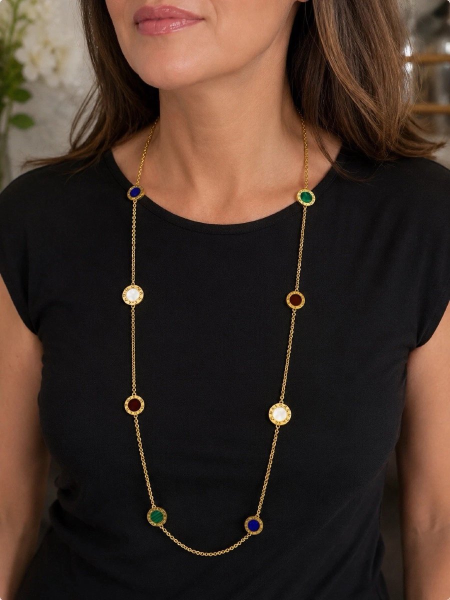 Bvlgari Bulgari 18ct Gold Lapis Malachite Mop Carnelian Sautoir Necklace 40”-photo-2