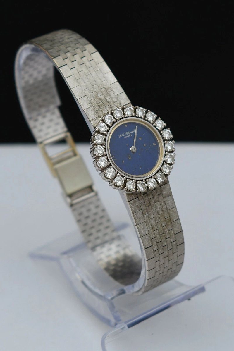 Montre pour femme Chopard vintage en or blanc 18 carats, diamants et lapis-lazuli (39,2 g)-photo-4