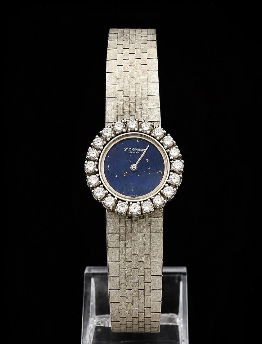 Montre pour femme Chopard vintage en or blanc 18 carats, diamants et lapis-lazuli (39,2 g)-photo-7