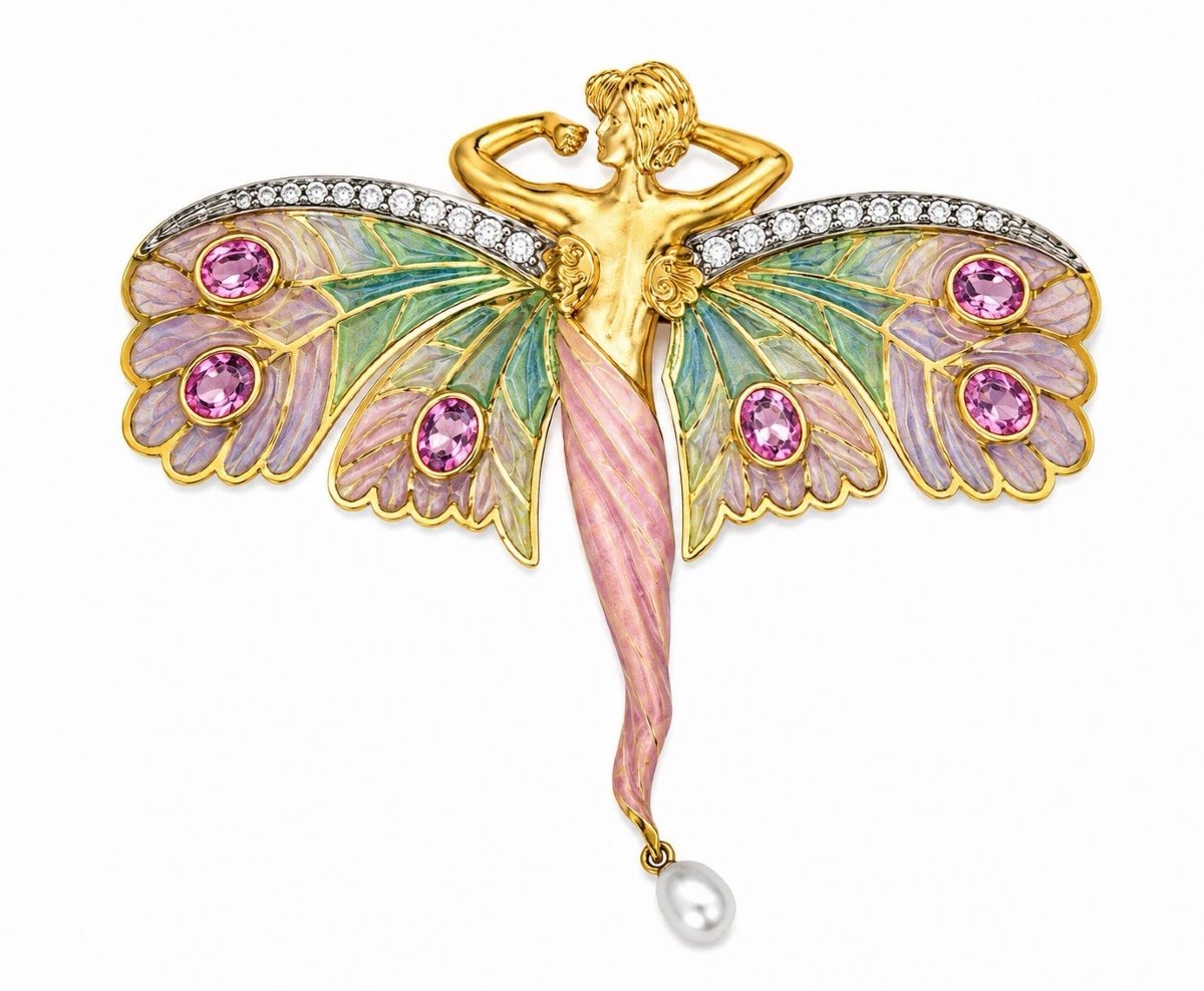Masriera Nymph Of Love 18k Gold Diamond Pink Sapphire Enamel Pearl Brooch-photo-2