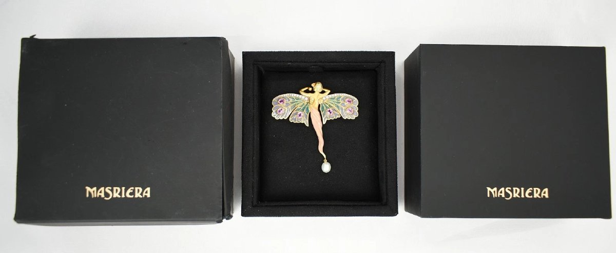 Masriera Nymph Of Love 18k Gold Diamond Pink Sapphire Enamel Pearl Brooch-photo-3