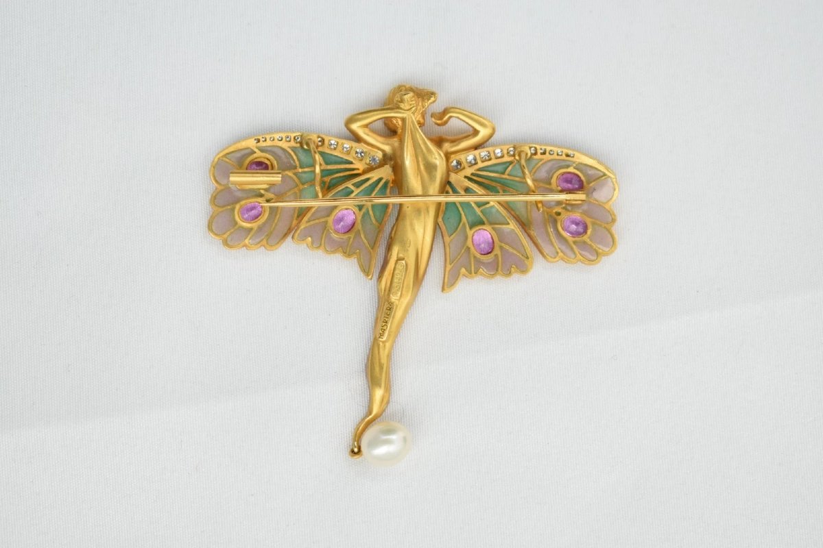 Masriera Nymph Of Love 18k Gold Diamond Pink Sapphire Enamel Pearl Brooch-photo-4
