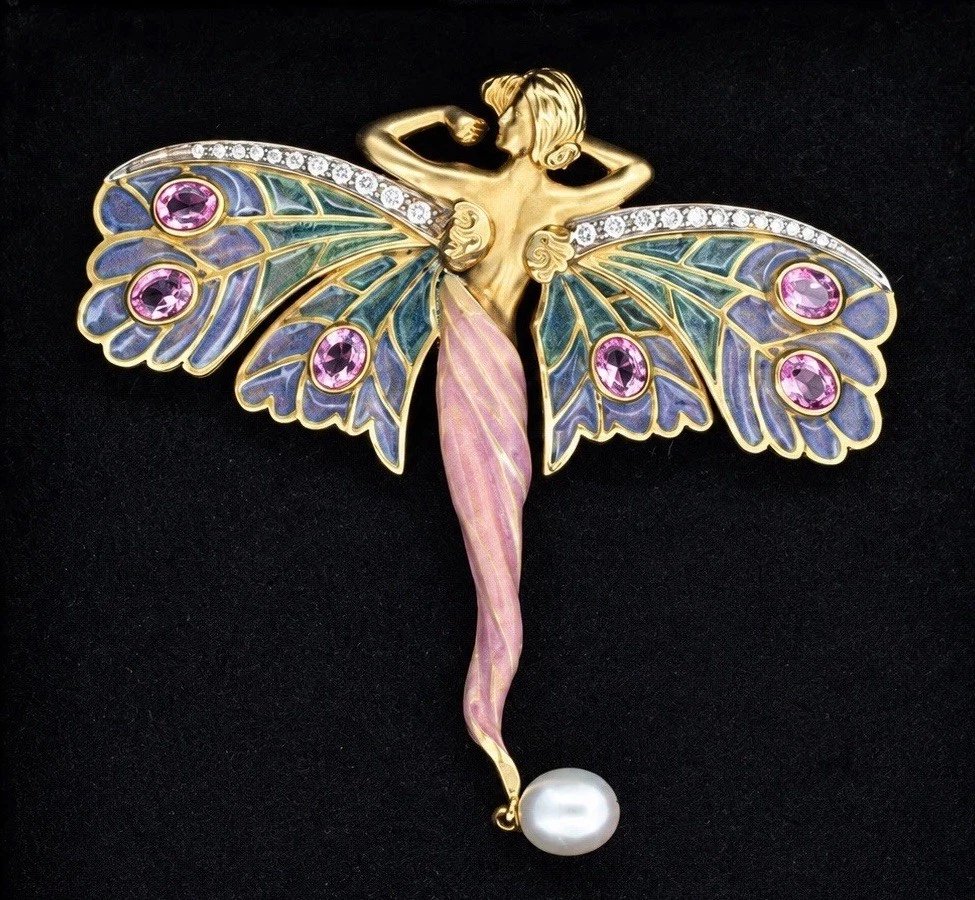 Masriera Nymph Of Love 18k Gold Diamond Pink Sapphire Enamel Pearl Brooch-photo-3