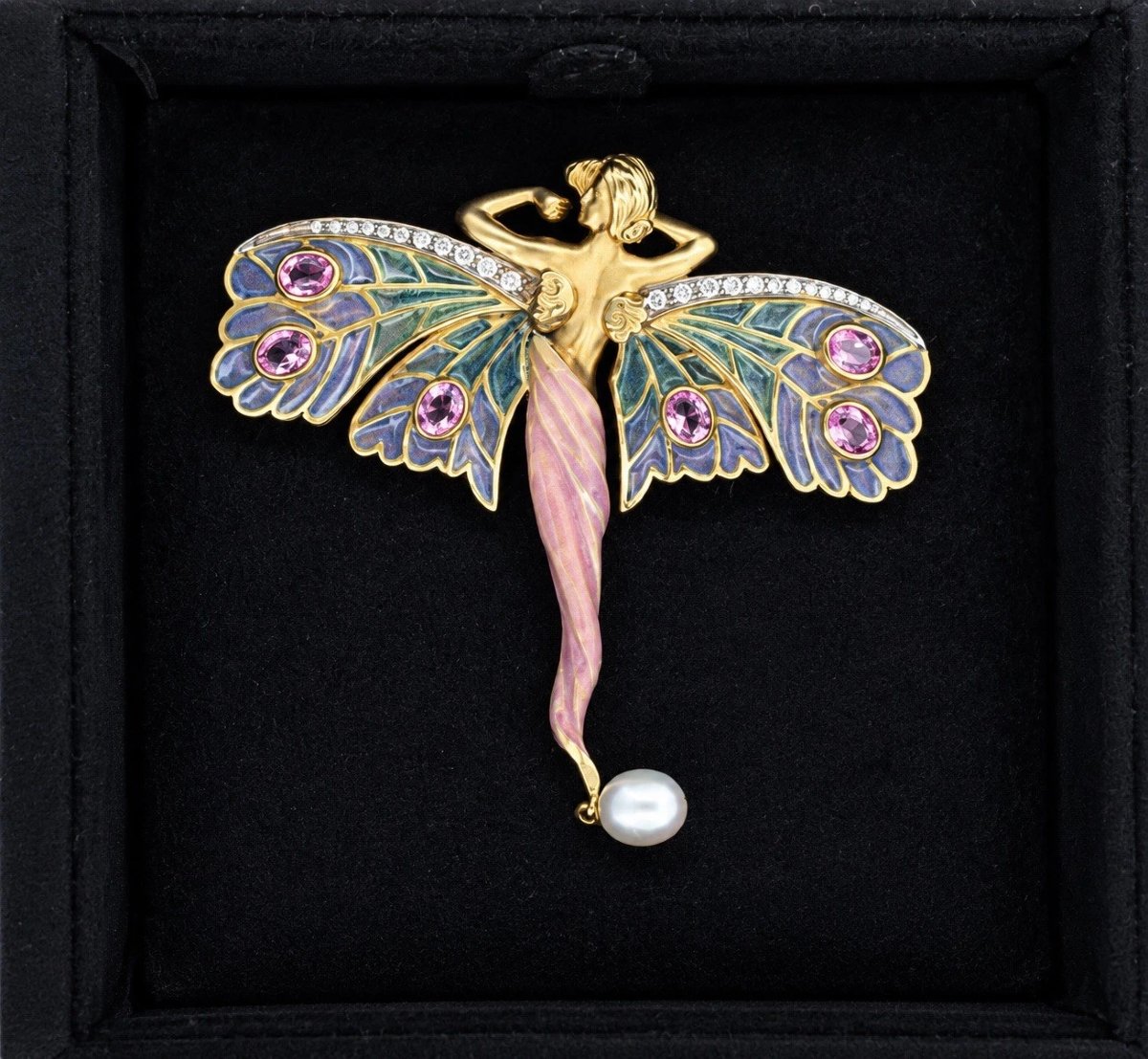 Masriera Nymph Of Love 18k Gold Diamond Pink Sapphire Enamel Pearl Brooch