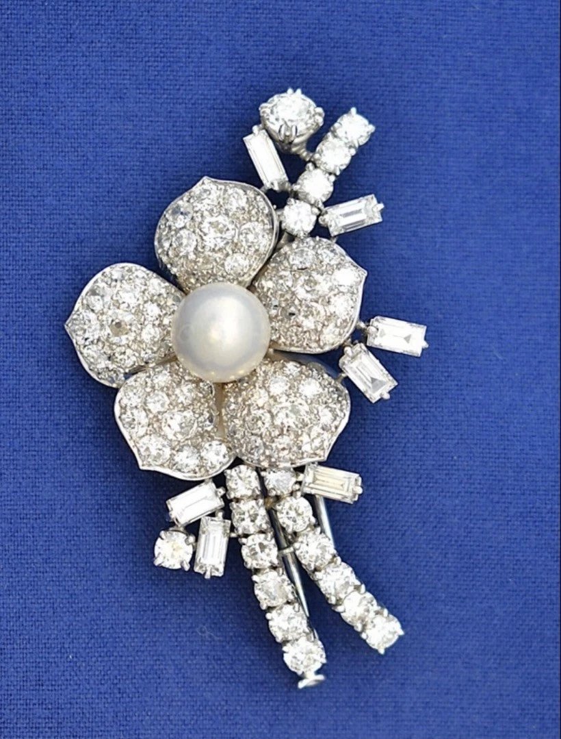 Antique Platinum 5 Carat Pave Diamond Pearl Floral Spray Brooch 15g Stamped 950-photo-2