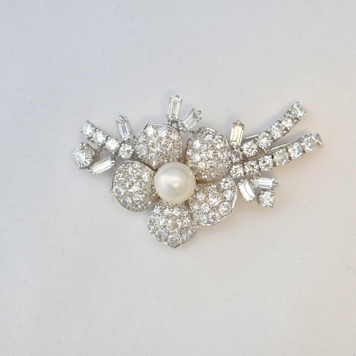 Antique Platinum 5 Carat Pave Diamond Pearl Floral Spray Brooch 15g Stamped 950-photo-1