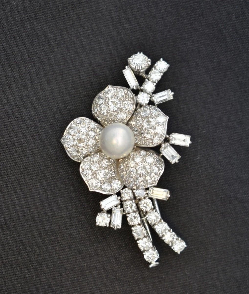 Antique Platinum 5 Carat Pave Diamond Pearl Floral Spray Brooch 15g Stamped 950