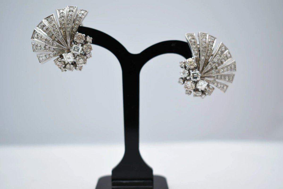 Vintage 18k White Gold 4.00ctw Diamond Fan Cluster Clip On Earrings 14.9g-photo-3