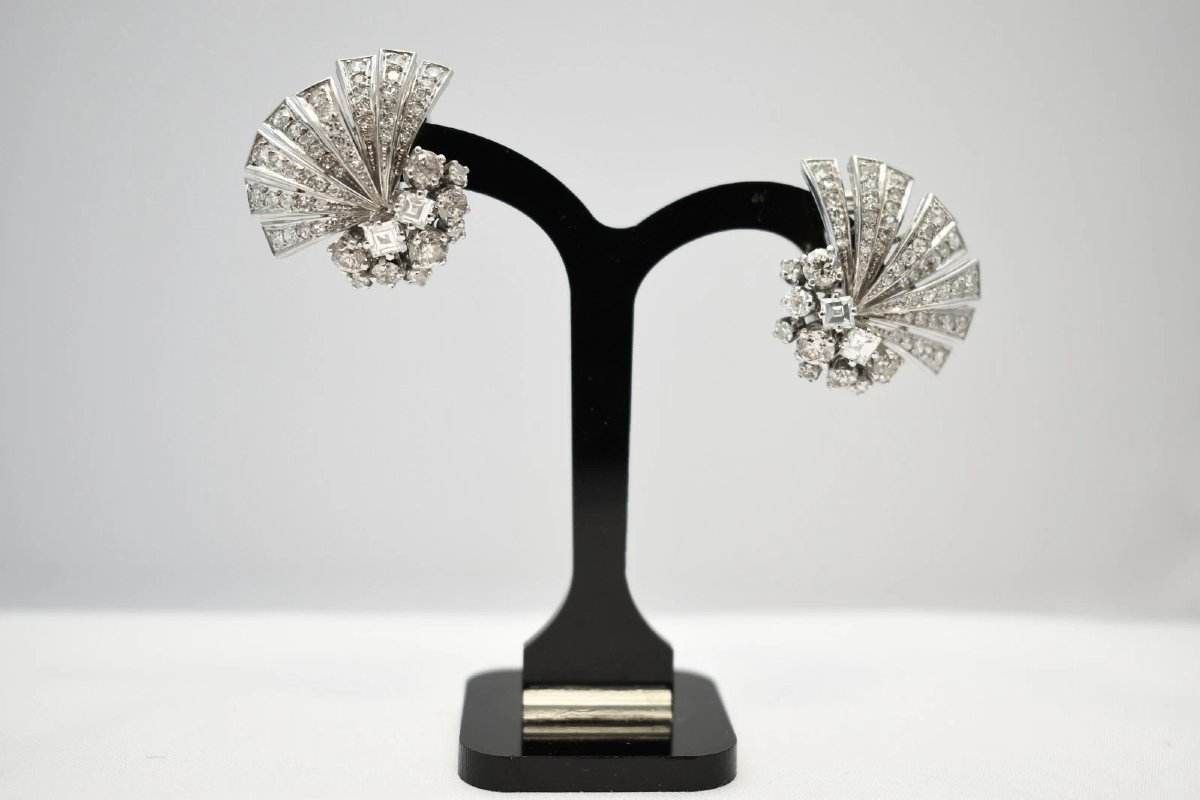 Vintage 18k White Gold 4.00ctw Diamond Fan Cluster Clip On Earrings 14.9g