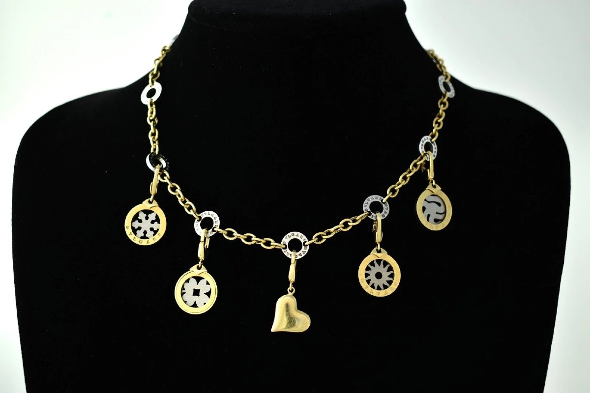 Collier vintage Bvlgari Tondo (40,6 cm / 16 pouces) en or 18 carats et acier inoxydable, avec 5