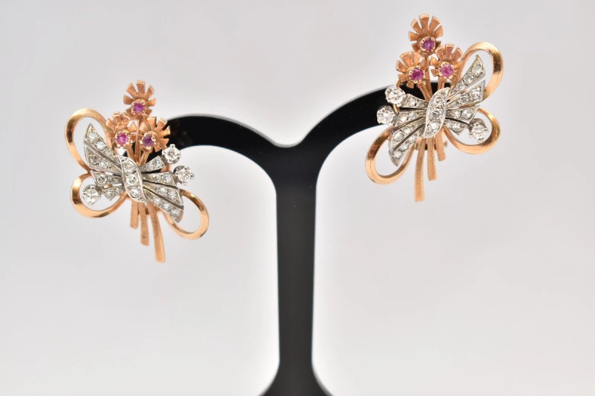 Vintage Mid Century Pair Of 18ct Gold Ruby Diamond Floral Spray Earrings 18g-photo-2