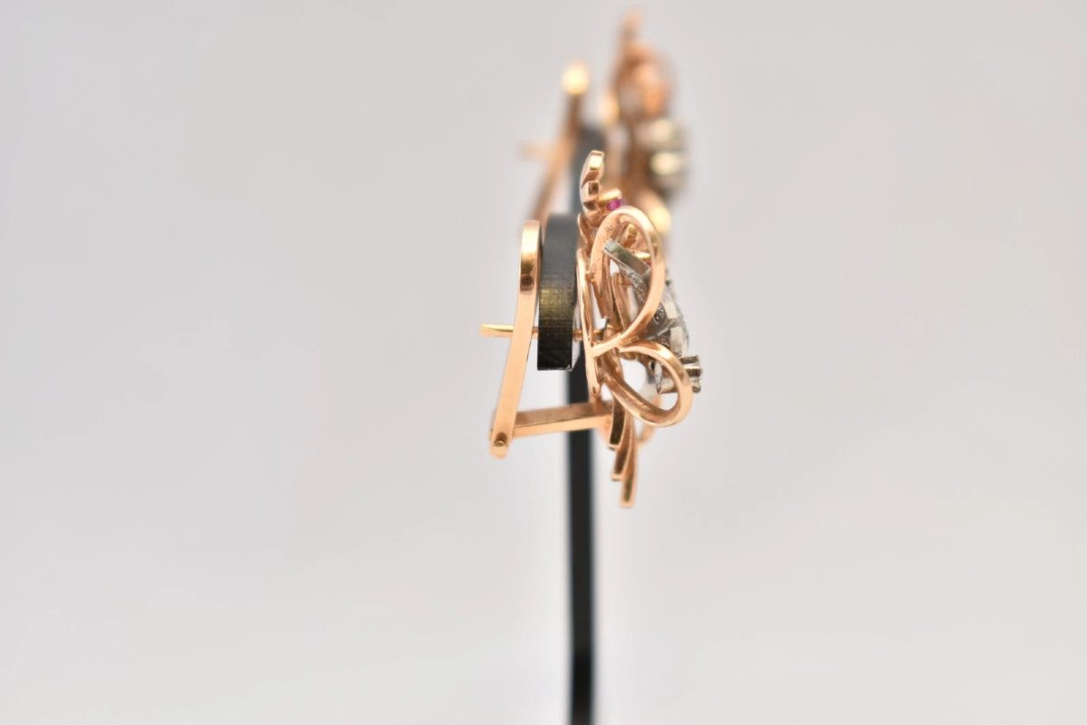 Vintage Mid Century Pair Of 18ct Gold Ruby Diamond Floral Spray Earrings 18g-photo-3