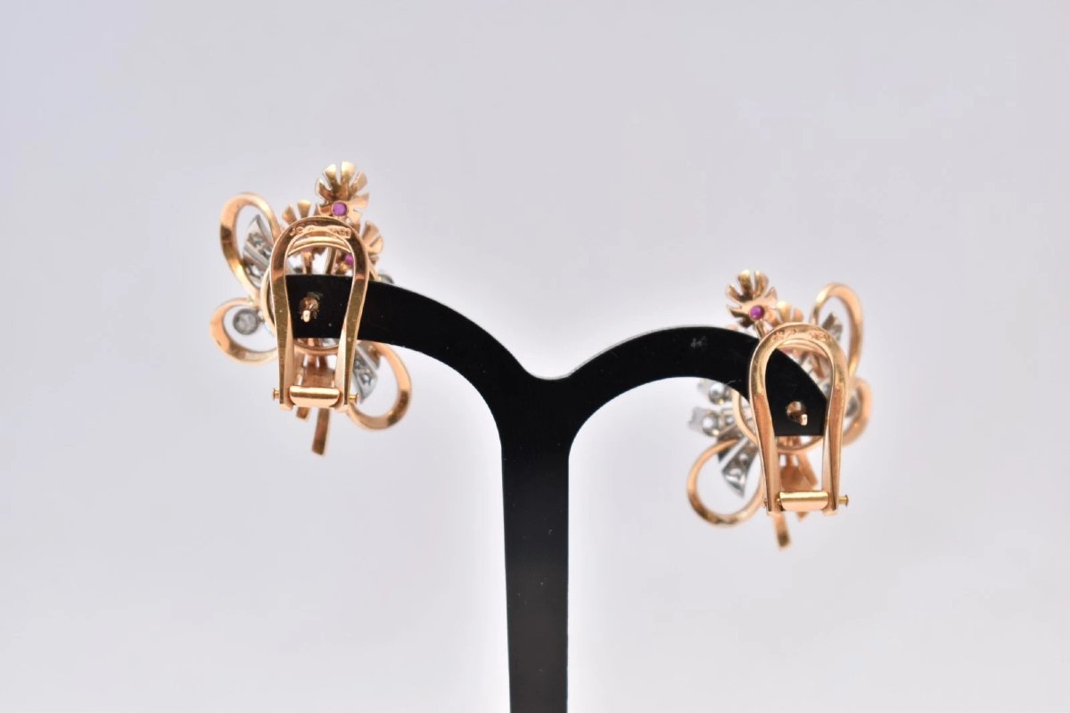 Vintage Mid Century Pair Of 18ct Gold Ruby Diamond Floral Spray Earrings 18g-photo-4