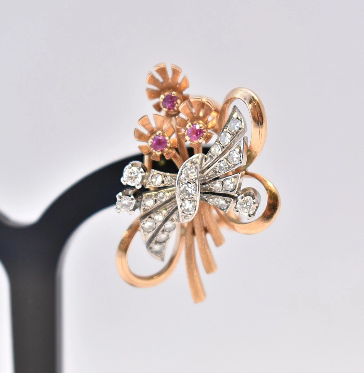 Vintage Mid Century Pair Of 18ct Gold Ruby Diamond Floral Spray Earrings 18g-photo-1