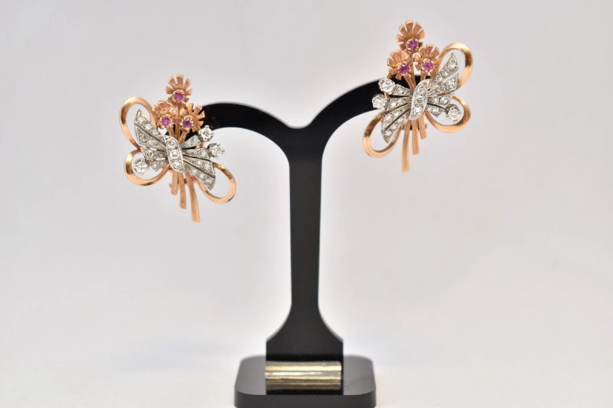 Vintage Mid Century Pair Of 18ct Gold Ruby Diamond Floral Spray Earrings 18g