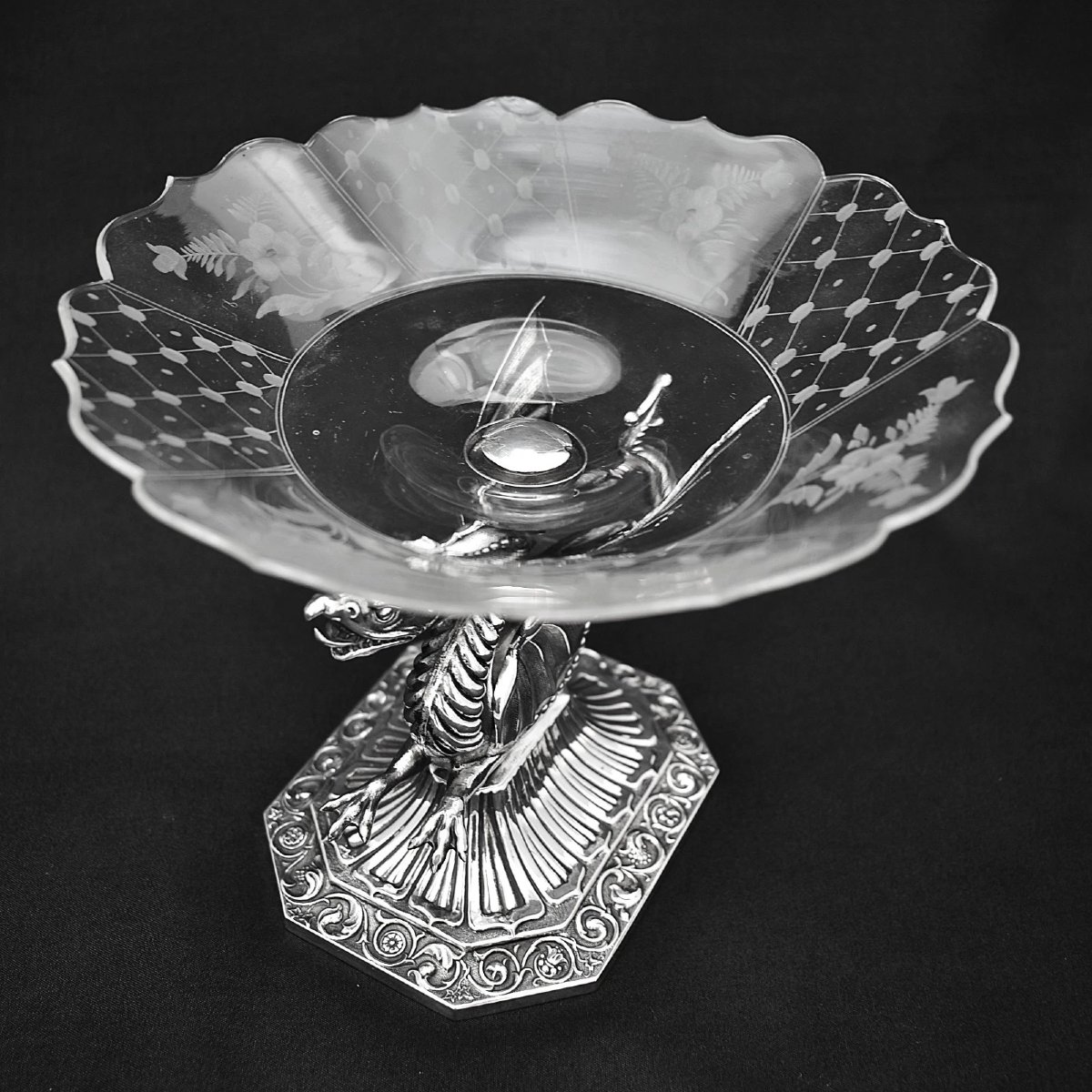 Vintage 925 Sterling Silver Dragon Tazza Centrepiece Compote Cut Glass Bowl-photo-4