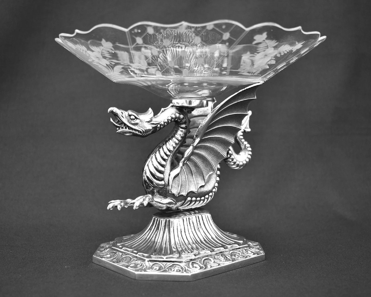 Vintage 925 Sterling Silver Dragon Tazza Centrepiece Compote Cut Glass Bowl