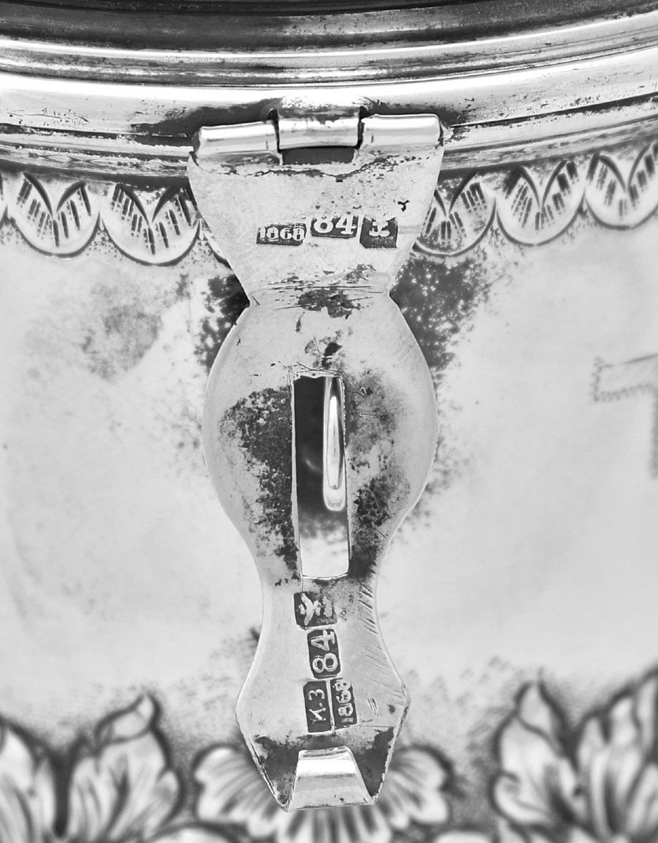 Ancienne boîte de charité (Tzedakah/Pushke) en argent suédois (titre 835) avec inscriptions en -photo-3