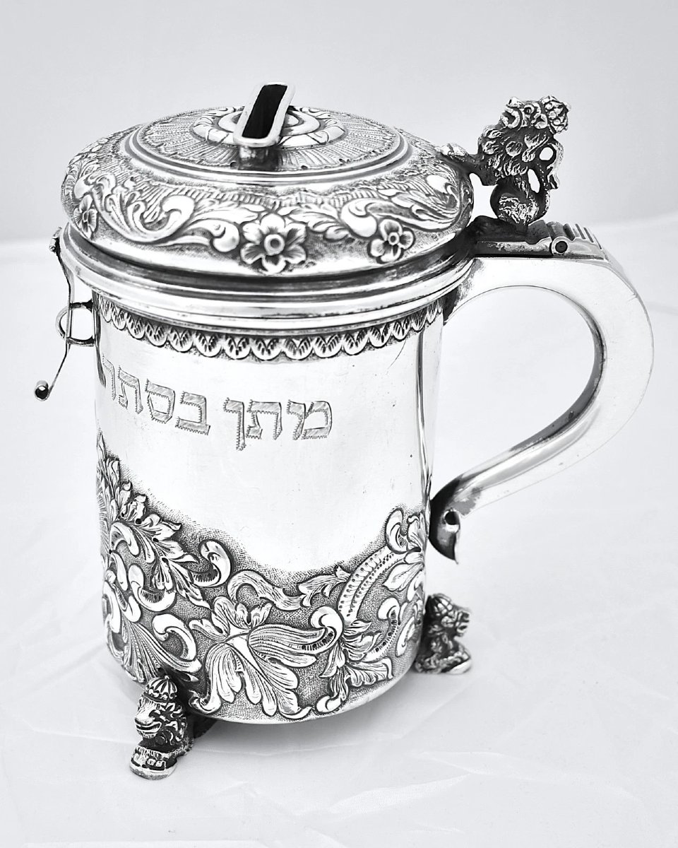 Ancienne boîte de charité (Tzedakah/Pushke) en argent suédois (titre 835) avec inscriptions en -photo-4