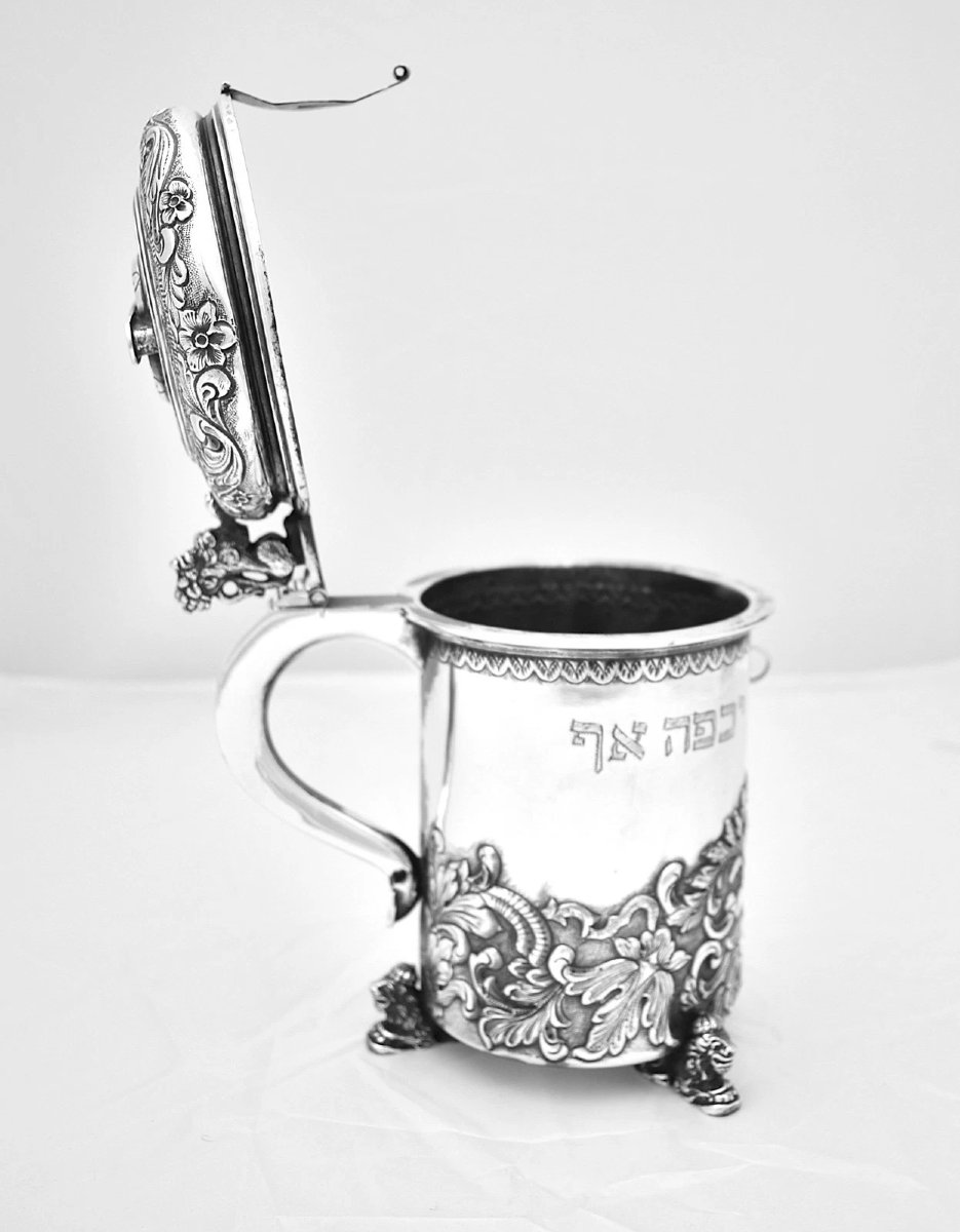 Ancienne boîte de charité (Tzedakah/Pushke) en argent suédois (titre 835) avec inscriptions en -photo-4