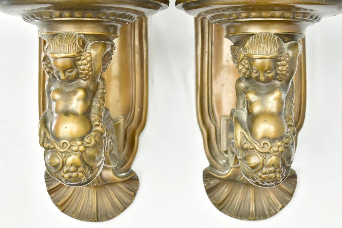 Antique Bronze Pair Louis XVI Figural Cherub Mermaid Candelabra Wall Sconces-photo-2