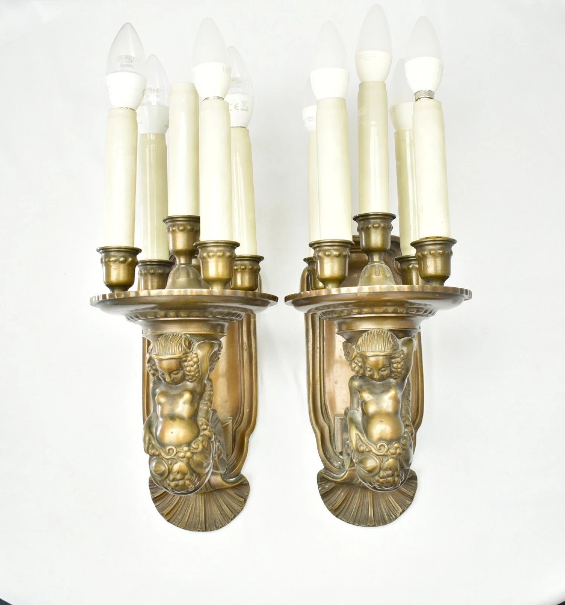 Antique Bronze Pair Louis XVI Figural Cherub Mermaid Candelabra Wall Sconces
