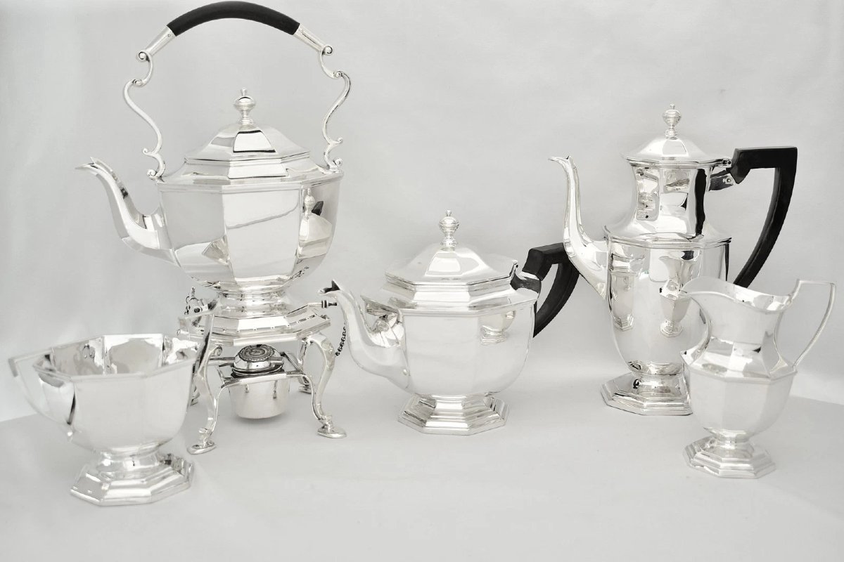 Service à thé et café 6 pièces en argent sterling Mappin & Webb (1923) avec plateau assorti, 6,-photo-2
