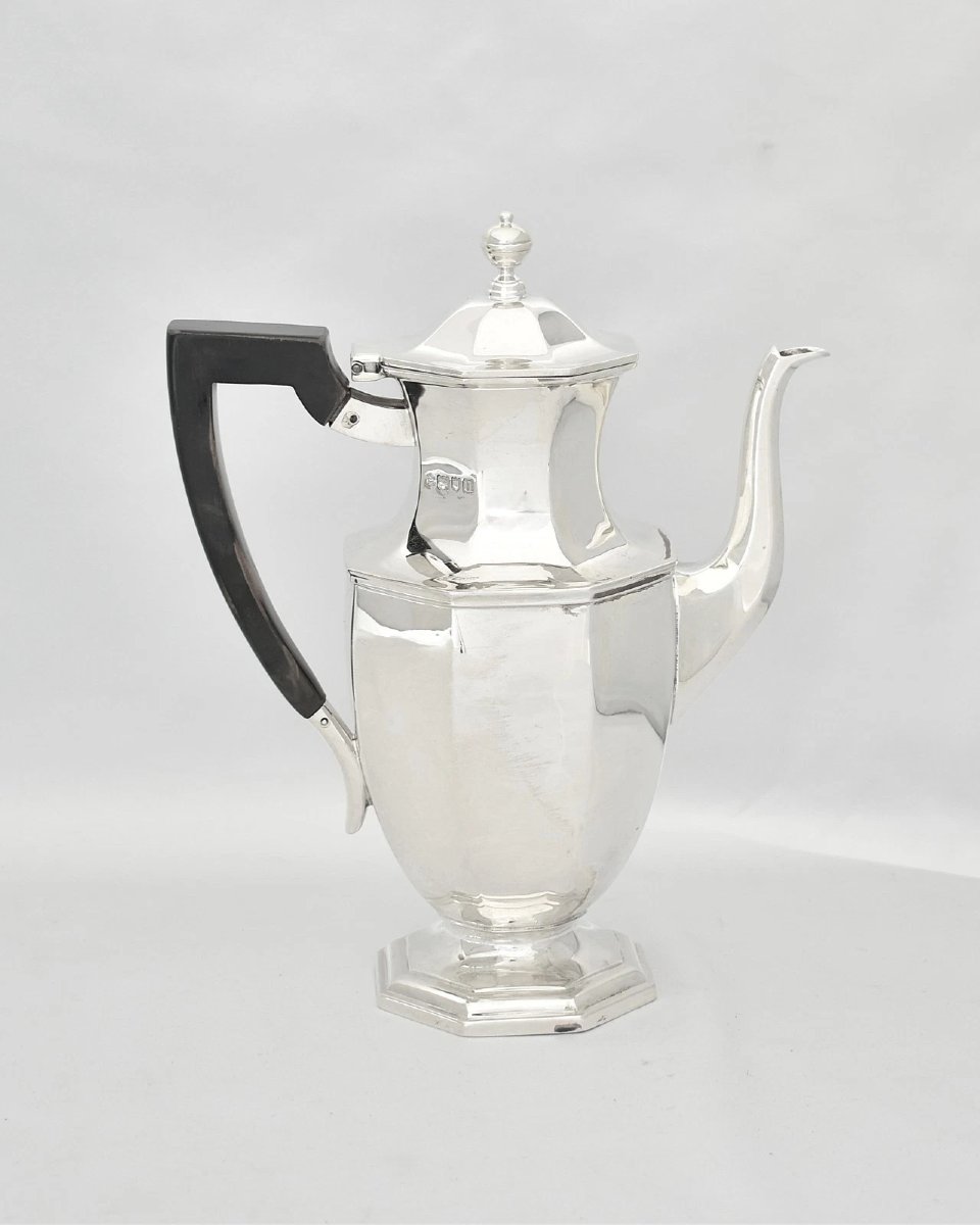 Service à thé et café 6 pièces en argent sterling Mappin & Webb (1923) avec plateau assorti, 6,-photo-1