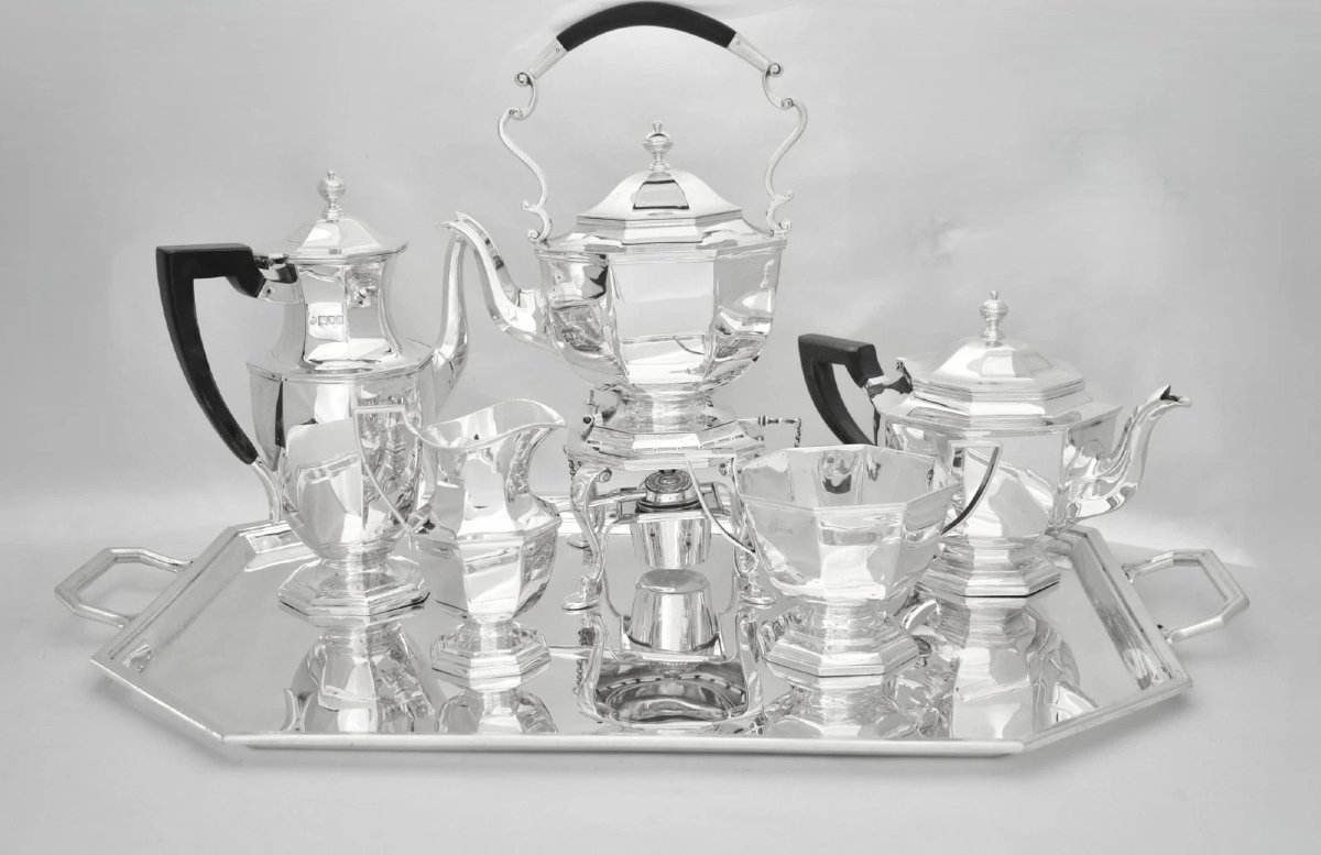 Service à thé et café 6 pièces en argent sterling Mappin & Webb (1923) avec plateau assorti, 6,