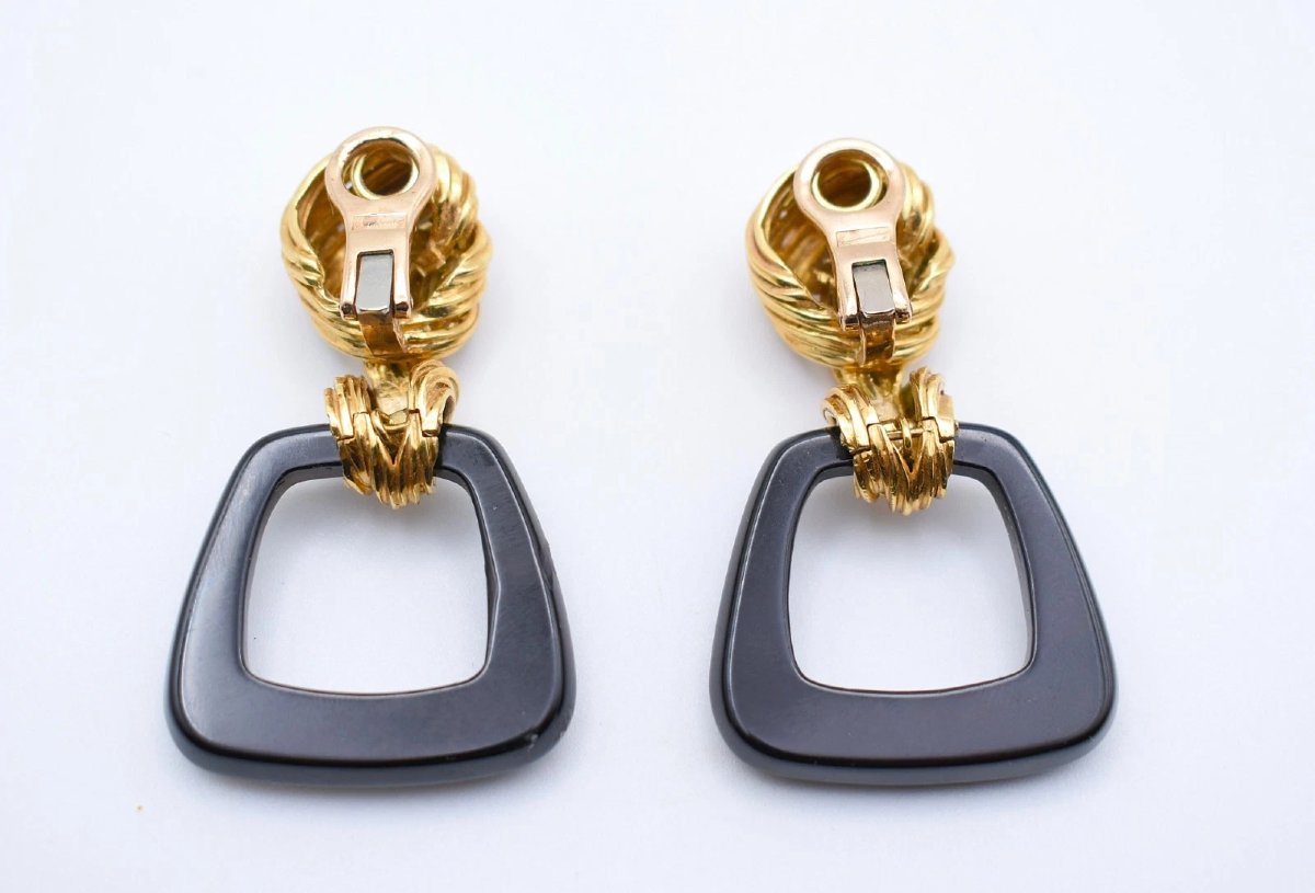 Vintage Kutchinsky Turban 18ct Gold Black Onyx Earrings 5x3cm 40.6g-photo-3