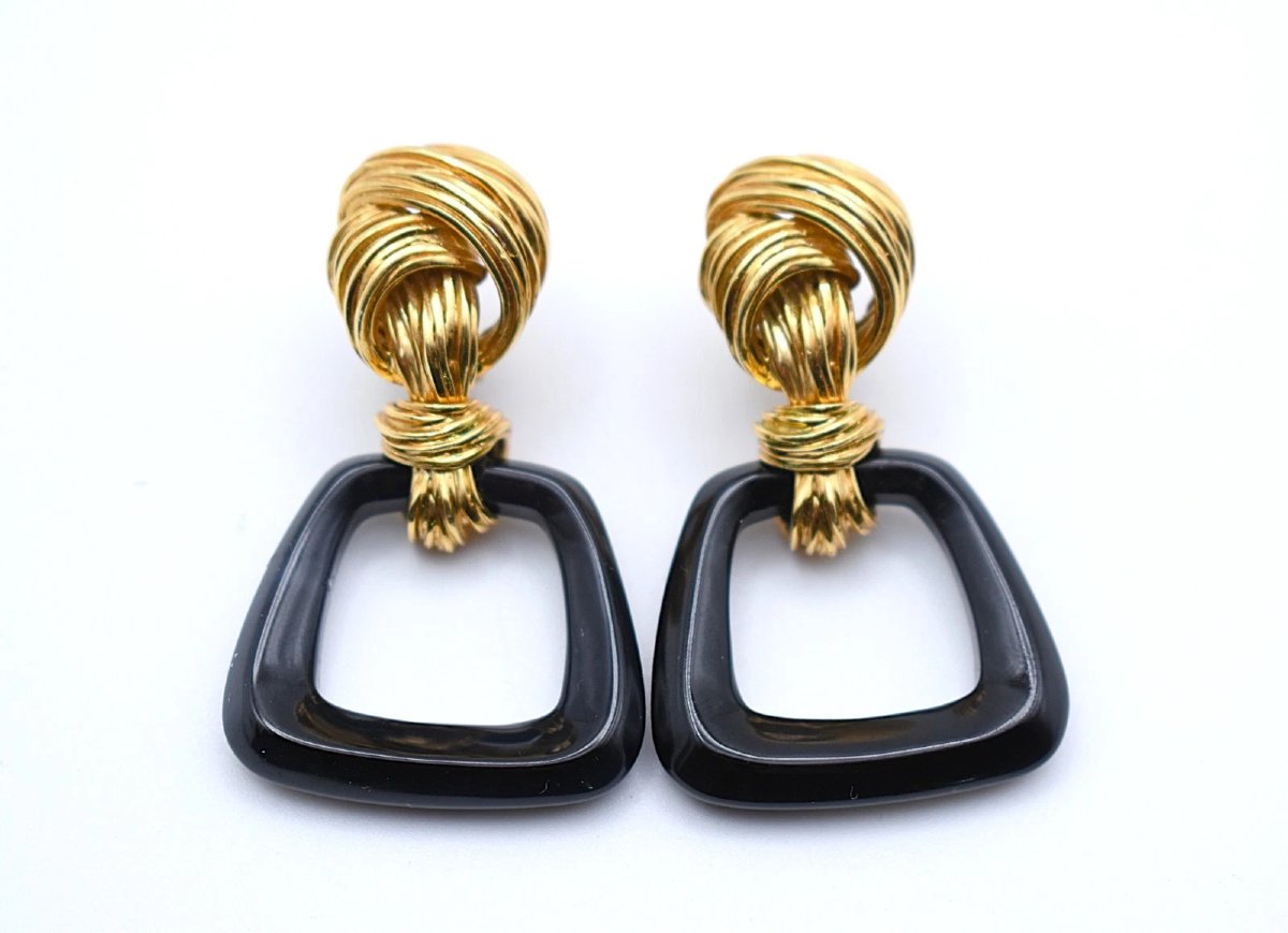 Vintage Kutchinsky Turban 18ct Gold Black Onyx Earrings 5x3cm 40.6g