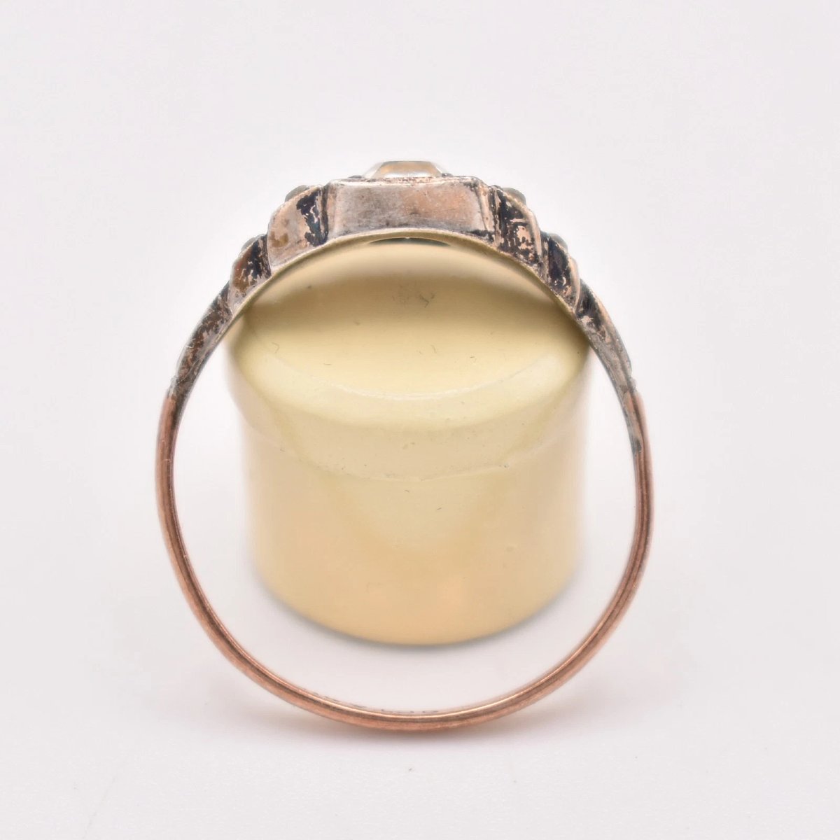 Antique Silver 9ct Gold 7 Stone White Foil Backed Paste Dress Ring Size R-photo-2