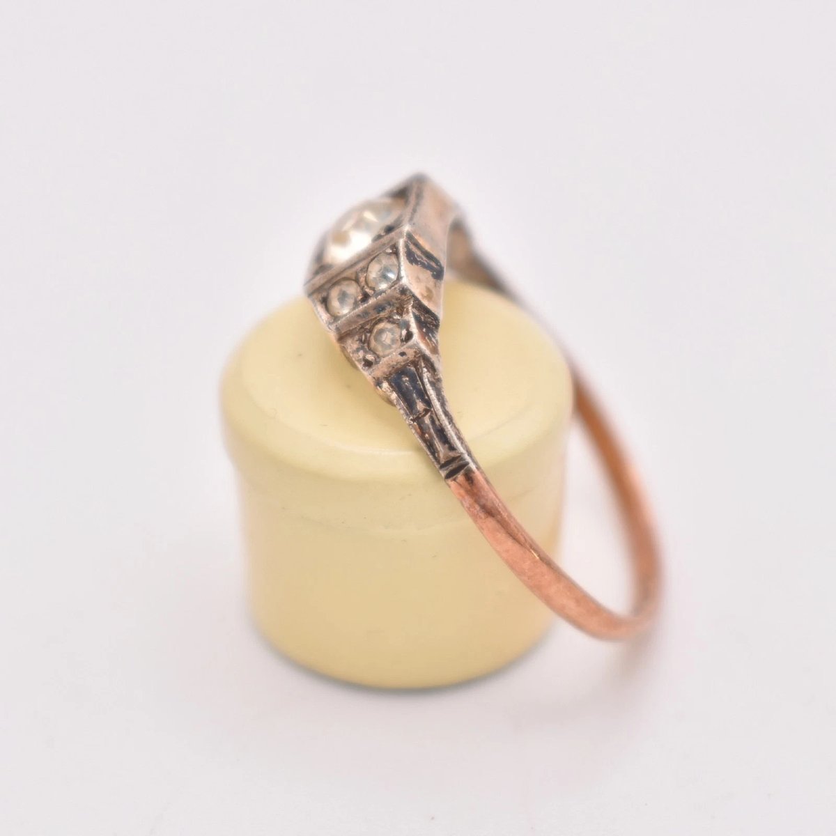 Antique Silver 9ct Gold 7 Stone White Foil Backed Paste Dress Ring Size R-photo-3