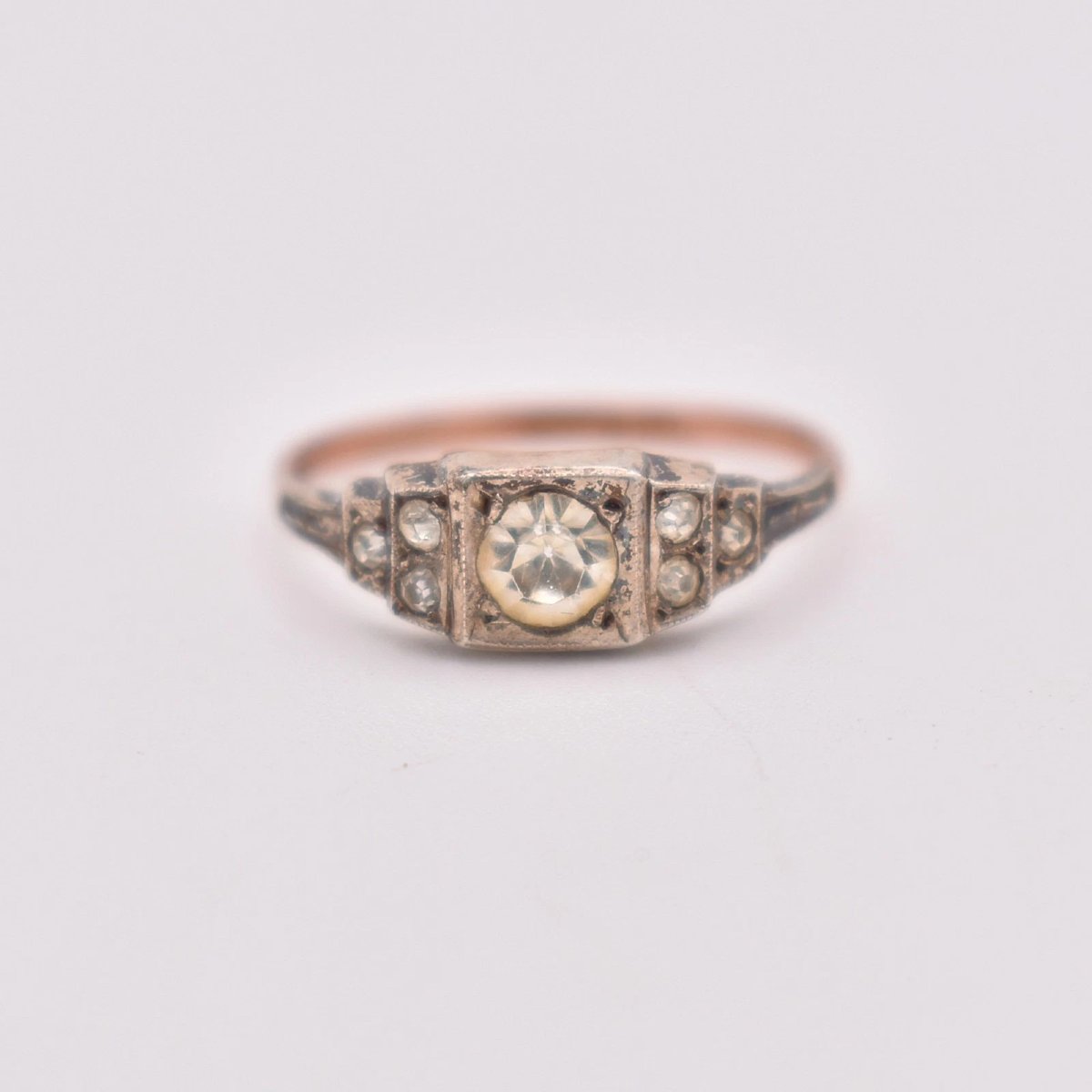 Antique Silver 9ct Gold 7 Stone White Foil Backed Paste Dress Ring Size R-photo-4