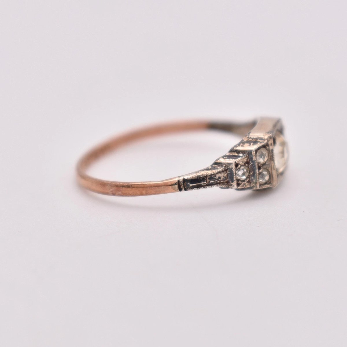 Antique Silver 9ct Gold 7 Stone White Foil Backed Paste Dress Ring Size R-photo-1
