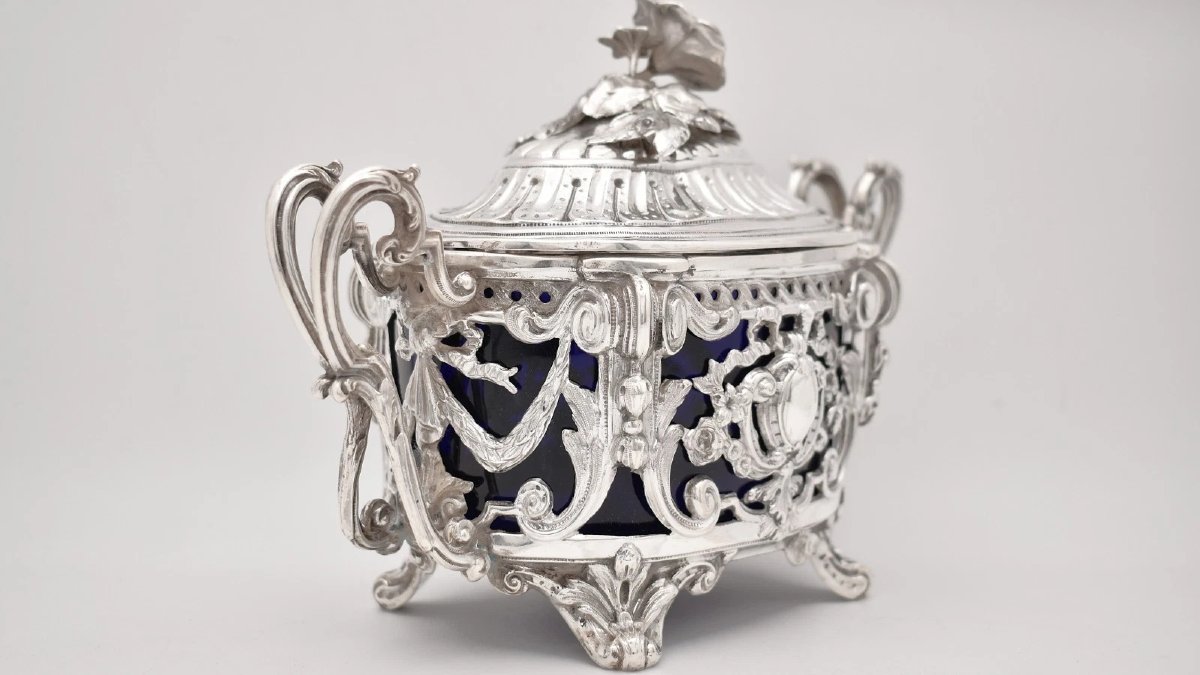 Sucrier couvert ancien en argent sterling (poinçon Minerve) avec doublure en verre bleu-photo-2
